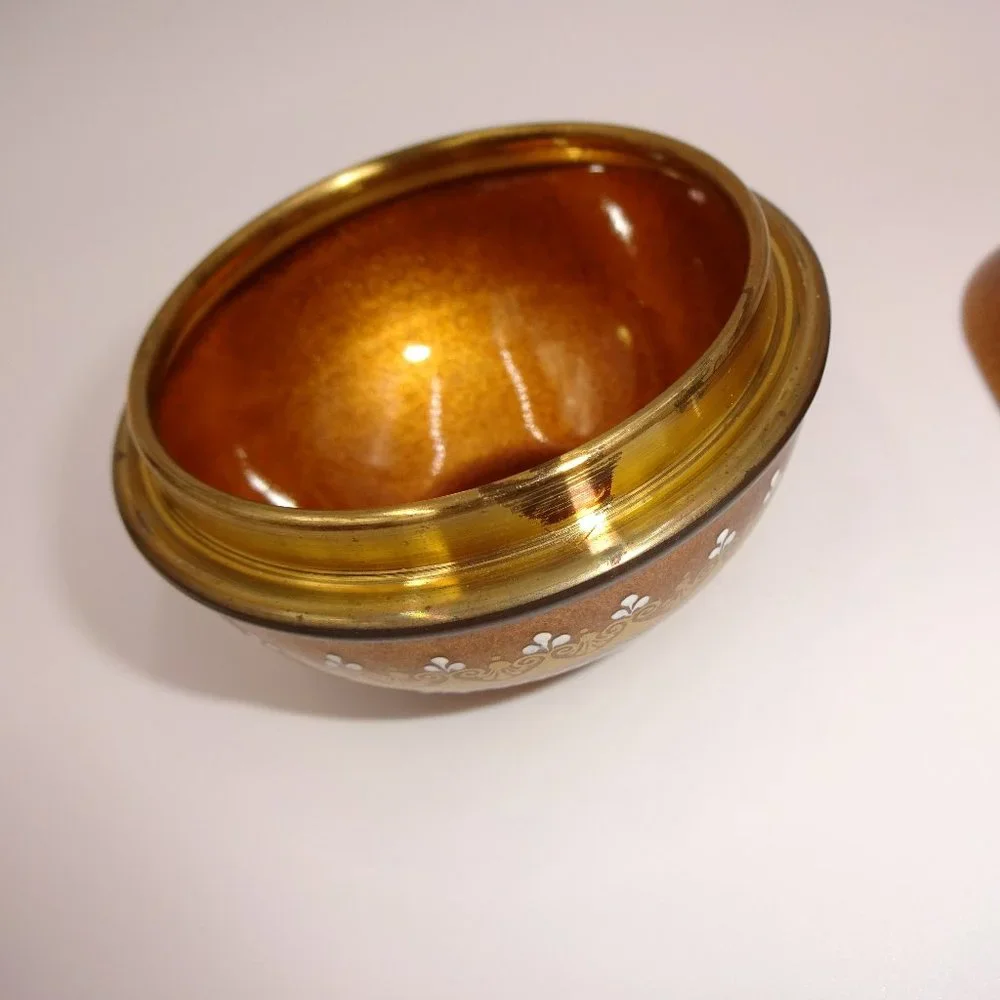 Enamel Steinbock Email Round Trinket Box & Square Tray Gold White Flowers Woman